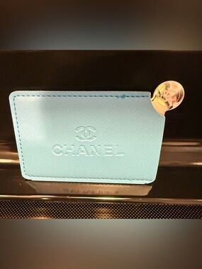 CHANEL Light Blue Embossed Leather Card Holder/Mirror New